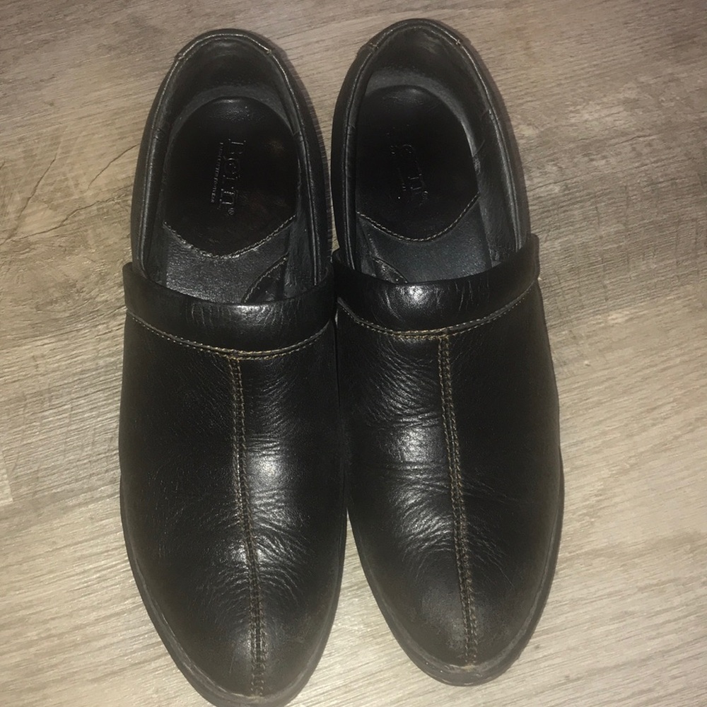 Born Black leather slip on shoes with 1-1/2” heel.